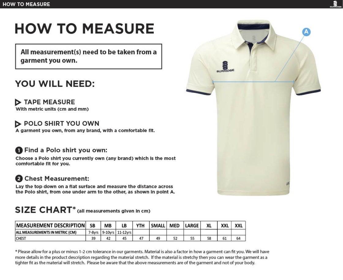 Croxton Kerrial CC Dual Cricket Shirt Short Sleeve - Size Guide
