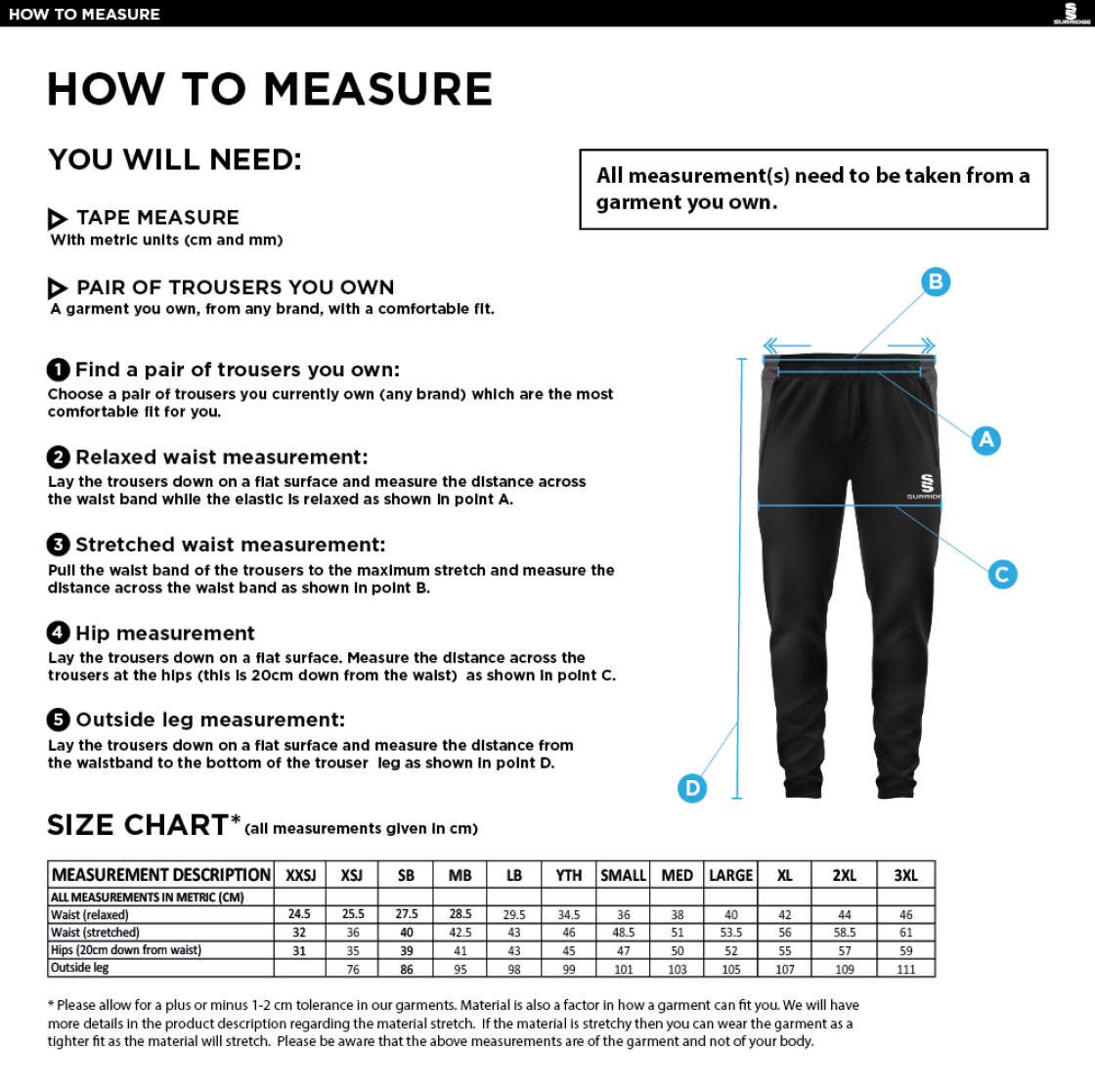 Croxton Kerrial Cricket Club - Slim Training Pants - Size Guide