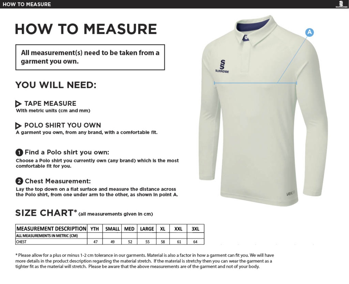 Croxton Kerrial CC Dual Cricket Shirt Long Sleeve - Size Guide